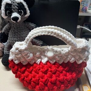 Handcrafted Red and White Knit Tote
